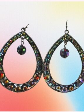 Black AB Rainbow Tinted Bead Teardrop Hoops